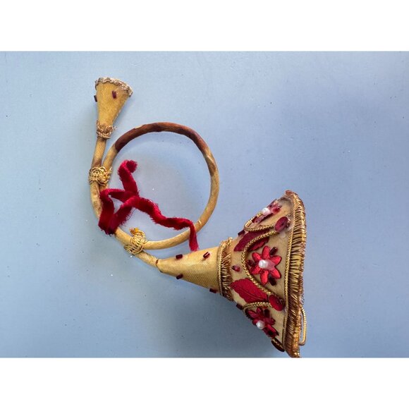 Handcrafted Decorative Gold & Red Horn Ornament With Embroidery & Pearl Accents - Picture 7 of 8
